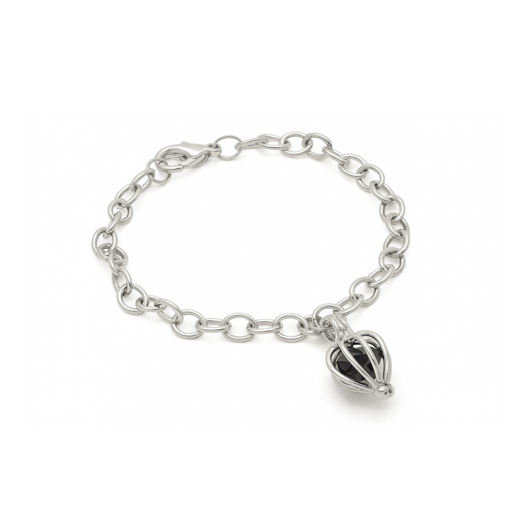 Silvertone 7.5" bracelet Cage charm with coal inside
