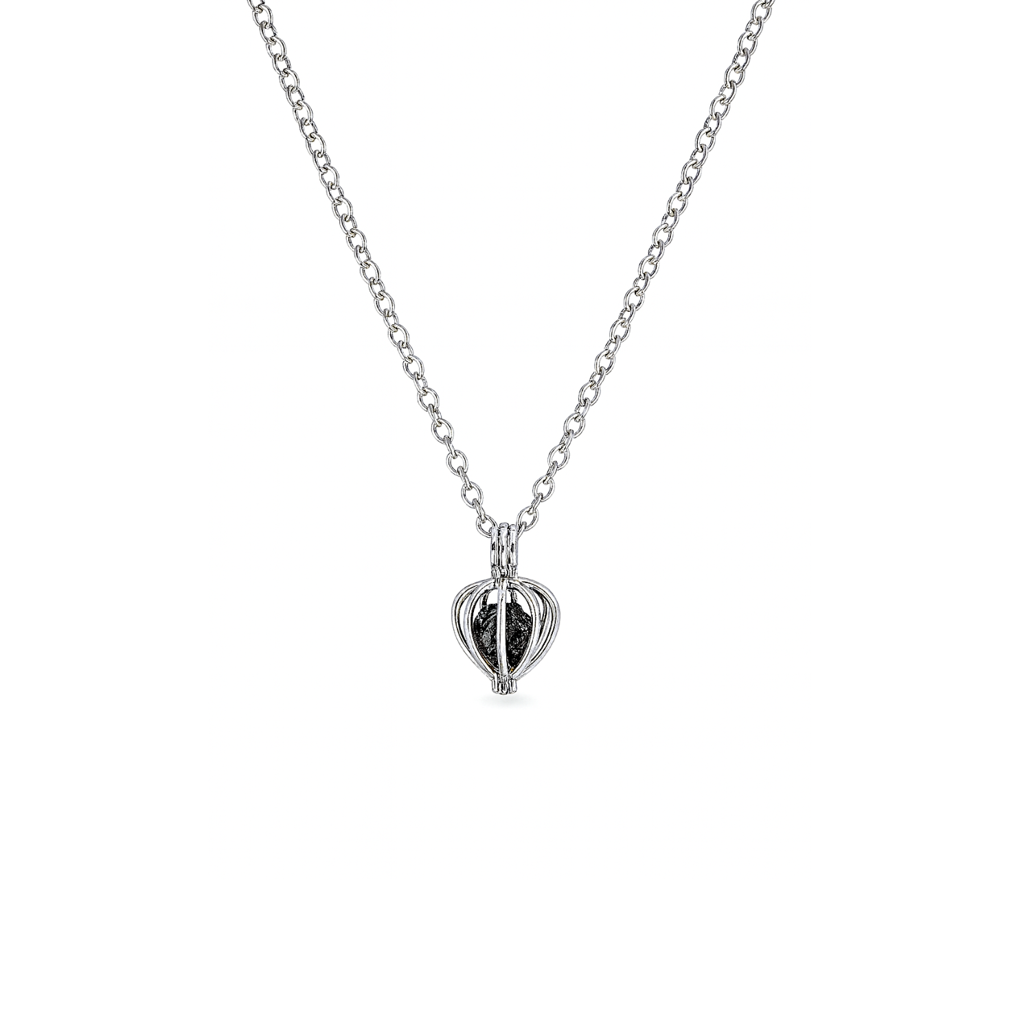 Silvertone pendant Cage charm with coal inside 18" chain