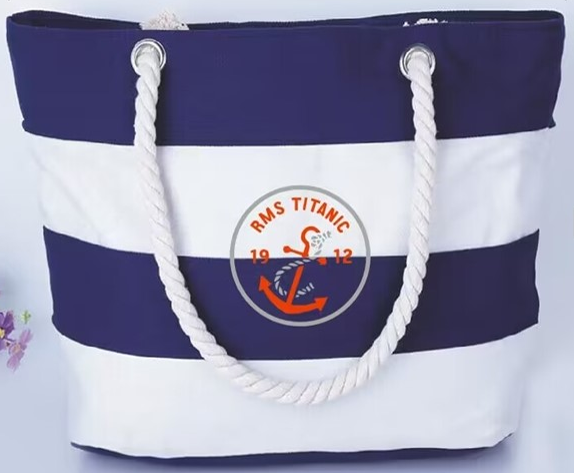 Titanic Blue and White Striped Lined Beach Bag